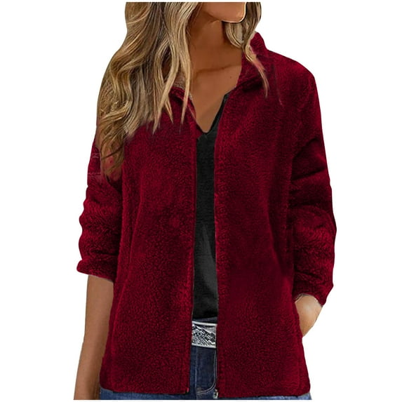 DeHolifer Women Jackets Long Sleeve Hoodless Zipper Coat Plus Size Outdoors Sport Warm Thickened Fleece Jacket with Pockets Red L