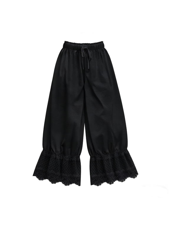 Women Long Bloomers Drawstring Elastic Mid Rise Ruffle Cropped Flared Slips Pants Pajama Bottoms Black S