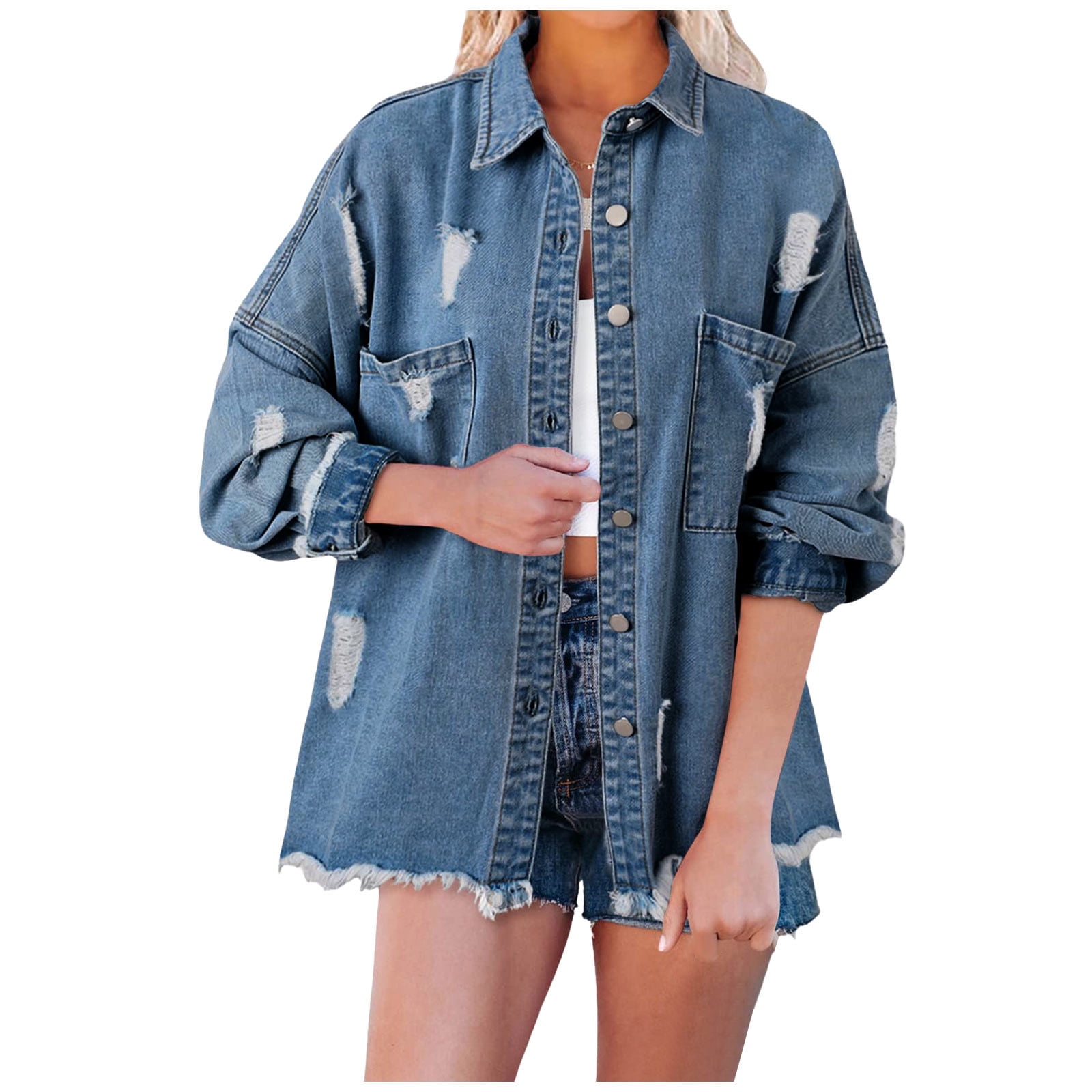 Denim Jacket for Women Long Sleeve Boyfriend Jean Jacket Loose Coat Sky Blue S Female