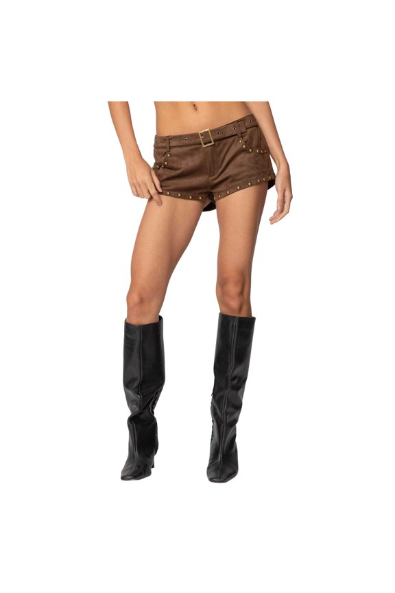 Women Micro Shorts Studded Belt Low Rise Rivet Denim Shorts Buckle Mini Bottoms Punk Streetwear Coffee L