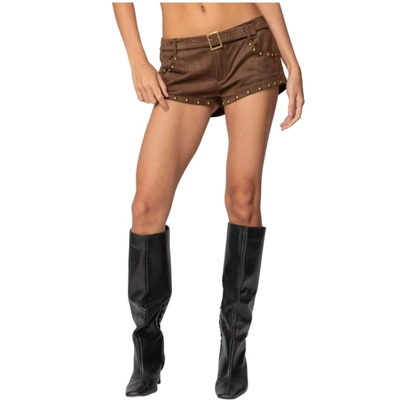 DeHolifer Women Micro Shorts Studded Belt Low Rise Rivet Denim Shorts Buckle Mini Bottoms Punk Streetwear Coffee M