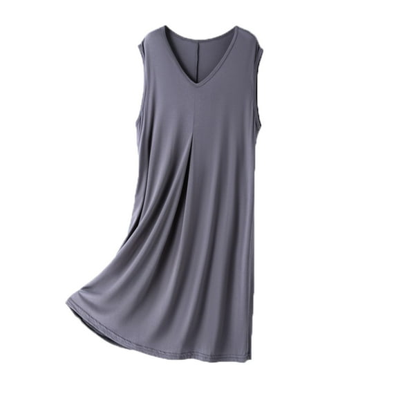 DeHolifer Women Nightgown V-Neck Drawstring Sleep Shirts Sleeveless Sleepwear Pleated Front Nightshirt Nightdress Gray XL