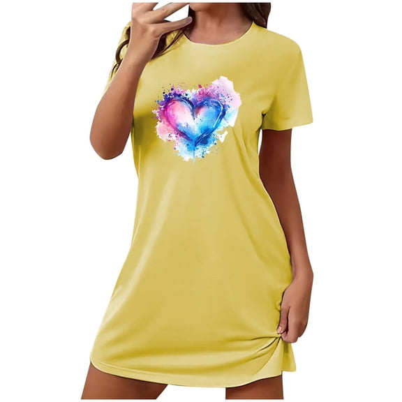 QQAMB Women Nightgowns Soft Sleepshirts Short Sleeve Printed Nightshirt Crewneck Sleepwear Loose Comfy Pajama Dress With Pockets Yellow L