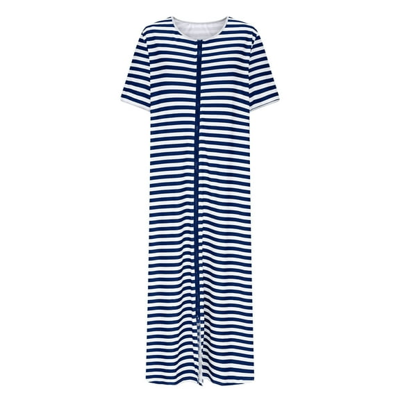 DeHolifer Women Nightshirt Short Sleeve Zip Front Nightgowns Full Length Cotton Robes Loose Housecoat Loungewear with Pockets Blue XL