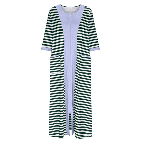DeHolifer Women Nightshirt Short Sleeve Zip Front Nightgowns Full Length Cotton Robes Loose Housecoat Loungewear with Pockets Green 3XL