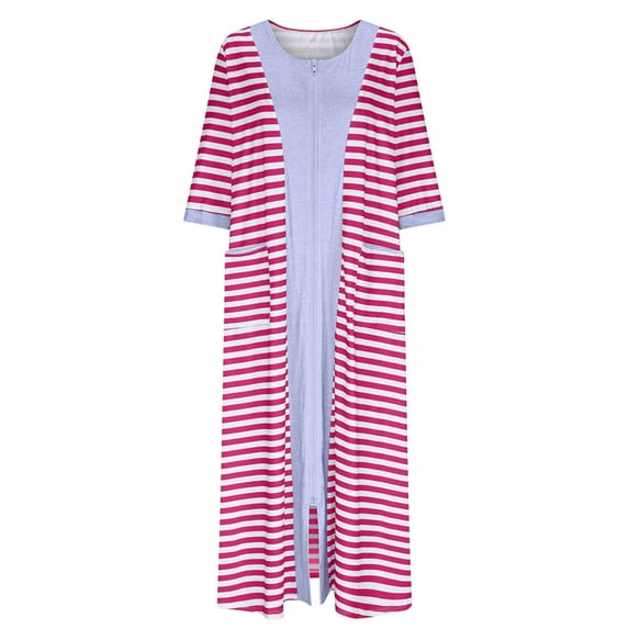 DeHolifer Women Nightshirt Short Sleeve Zip Front Nightgowns Full Length Cotton Robes Loose Housecoat Loungewear with Pockets Hot Pink 2XL