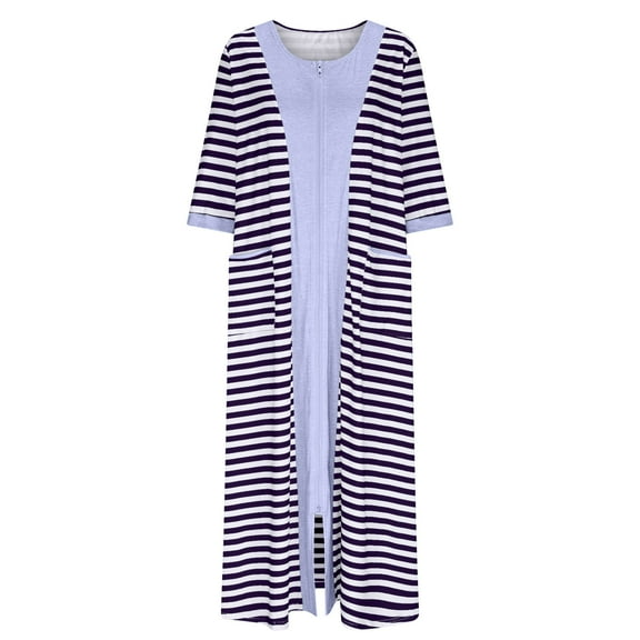 DeHolifer Women Nightshirt Short Sleeve Zip Front Nightgowns Full Length Cotton Robes Loose Housecoat Loungewear with Pockets Purple 3XL