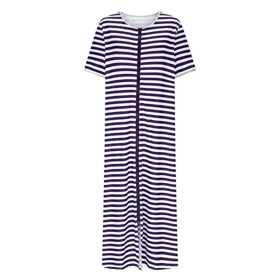 DeHolifer Women Nightshirt Short Sleeve Zip Front Nightgowns Full Length Cotton Robes Loose Housecoat Loungewear with Pockets Purple 3XL