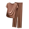 thumbnail image 1 of DeHolifer Women Pajama Set Casual Short Set Ribs Without Marks Short Sleeved Round Neck Top/Shirt Set Oversized Home Clothing Oversized Pajamas Two Piece Suit Khaki Medium, 1 of 2