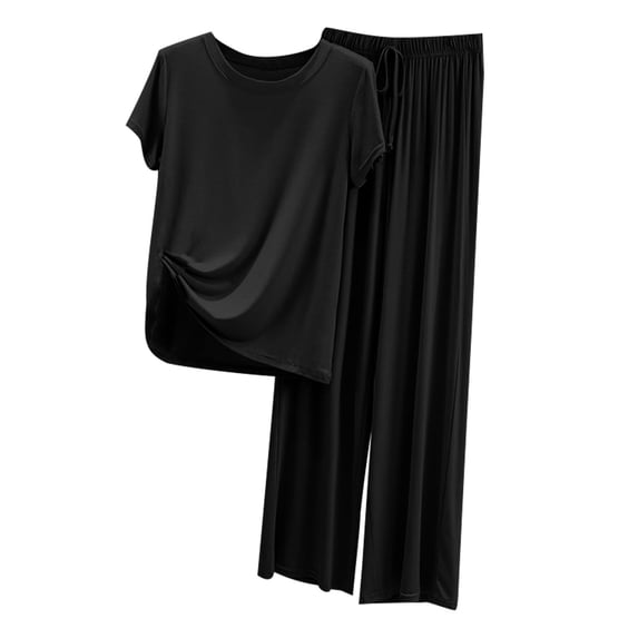 DeHolifer Women Pajama Set Casual Short Set Ribs Without Marks Short Sleeved Round Neck Top/Shirt Set Oversized Home Clothing Oversized Pajamas Two Piece Suit Black Medium