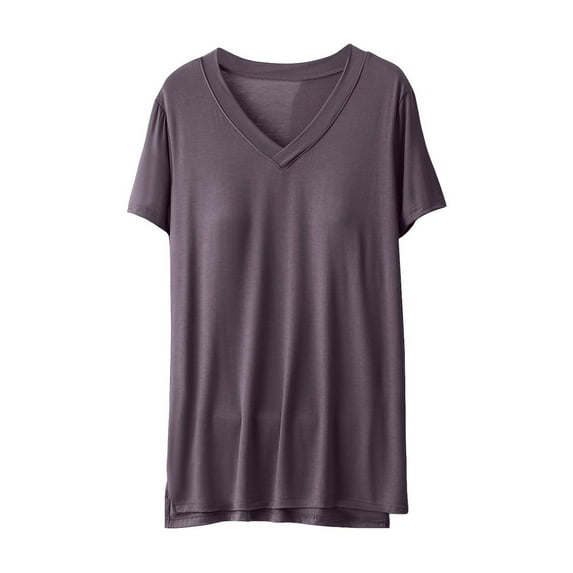 QQAMB Women Pajama Tops Short Sleeve V-Neck Solid Color Homewear Loose Blouse Tops with Chest Pad Coffee XL