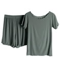 thumbnail image 1 of QQAMB Women Pajamas Set Short Sleeve Crewneck Solid Color Tops + Shorts Summer Casual 2 Piece Outfit Army Green XL, 1 of 8