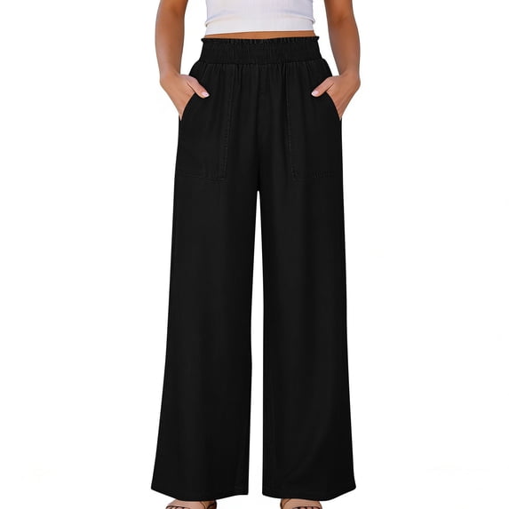 DeHolifer Women Palazzo Pants Wide Leg High Waisted Pants Summer Flowy Beach Vacation Outfits with Pockets Black L