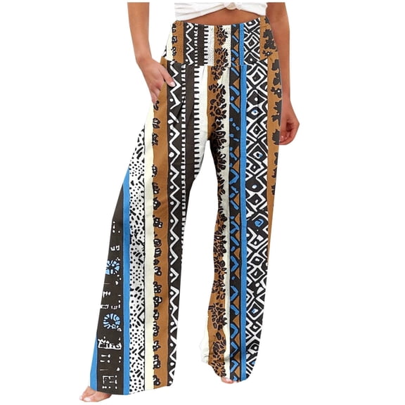 DeHolifer Women Pants Casual Elastic Waist Floral Printed High Waisted Straight Leg Wide Leg Pants Black S