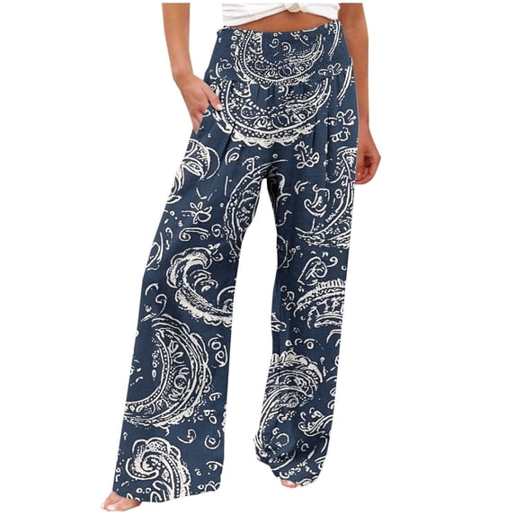 DeHolifer Women Pants Casual Elastic Waist Floral Printed High Waisted Straight Leg Wide Leg Pants Black S
