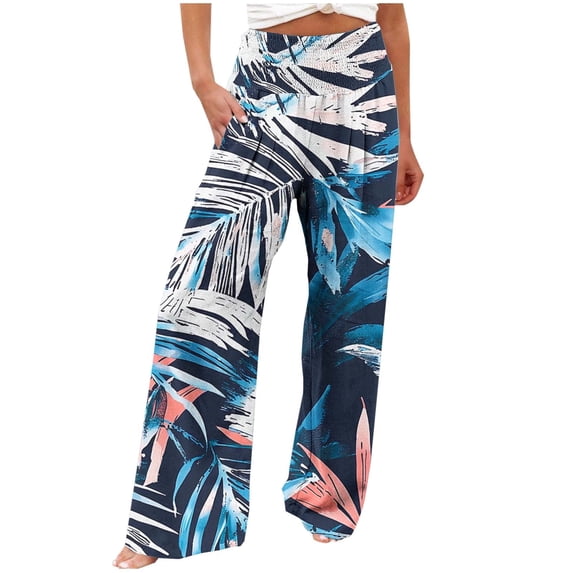 DeHolifer Women Pants Casual Elastic Waist Floral Printed High Waisted Straight Leg Wide Leg Pants Blue S