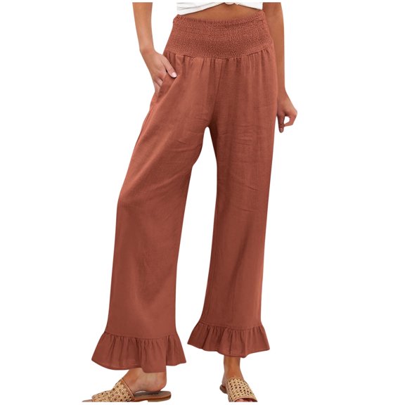 DeHolifer Women Pants Cotton Linen Solid Color Ruffle Elastic Waisted High Waisted Casual Wide Leg Long Pants Orange 2XL