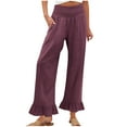 thumbnail image 1 of DeHolifer Women Pants Cotton Linen Solid Color Ruffle Elastic Waisted High Waisted Casual Wide Leg Long Pants Purple 2XL, 1 of 7