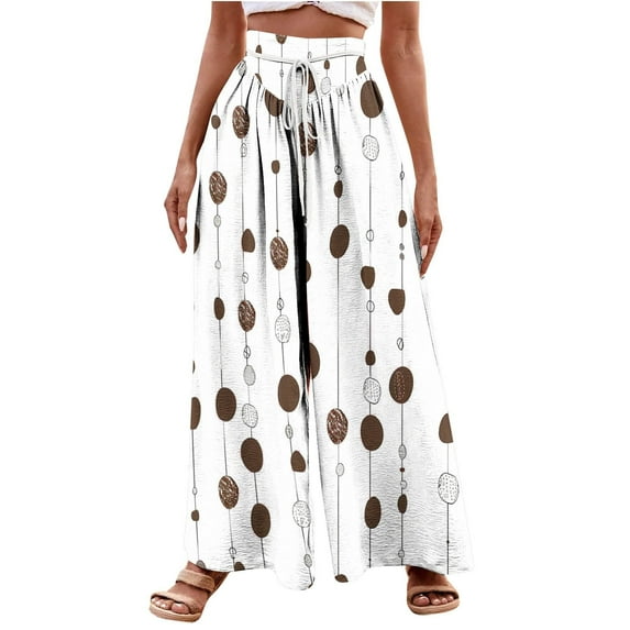 DeHolifer Women Pants Elastic Waist Floral Print Beach Palazzo Loose Pants Comfy Trousers with Pockets Green L