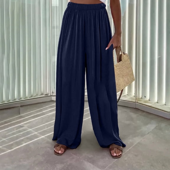 DeHolifer Women' Pants Solid Color High Waist Wide Leg Baggy Loose Casual Pants Oversized Trousers Blue L