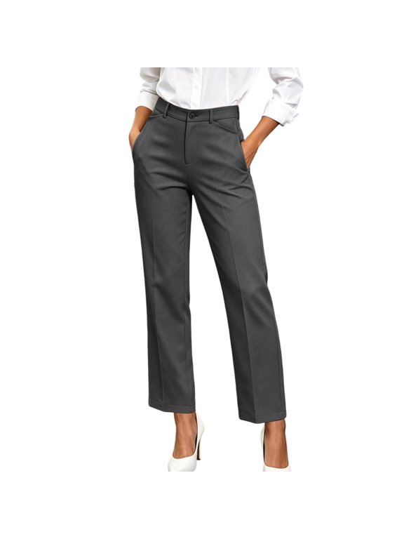 Women Pants Straight Leg Tailored Fit Elastic Waist Pockets Office Business Casual Work Slacks Trousers Bottoms