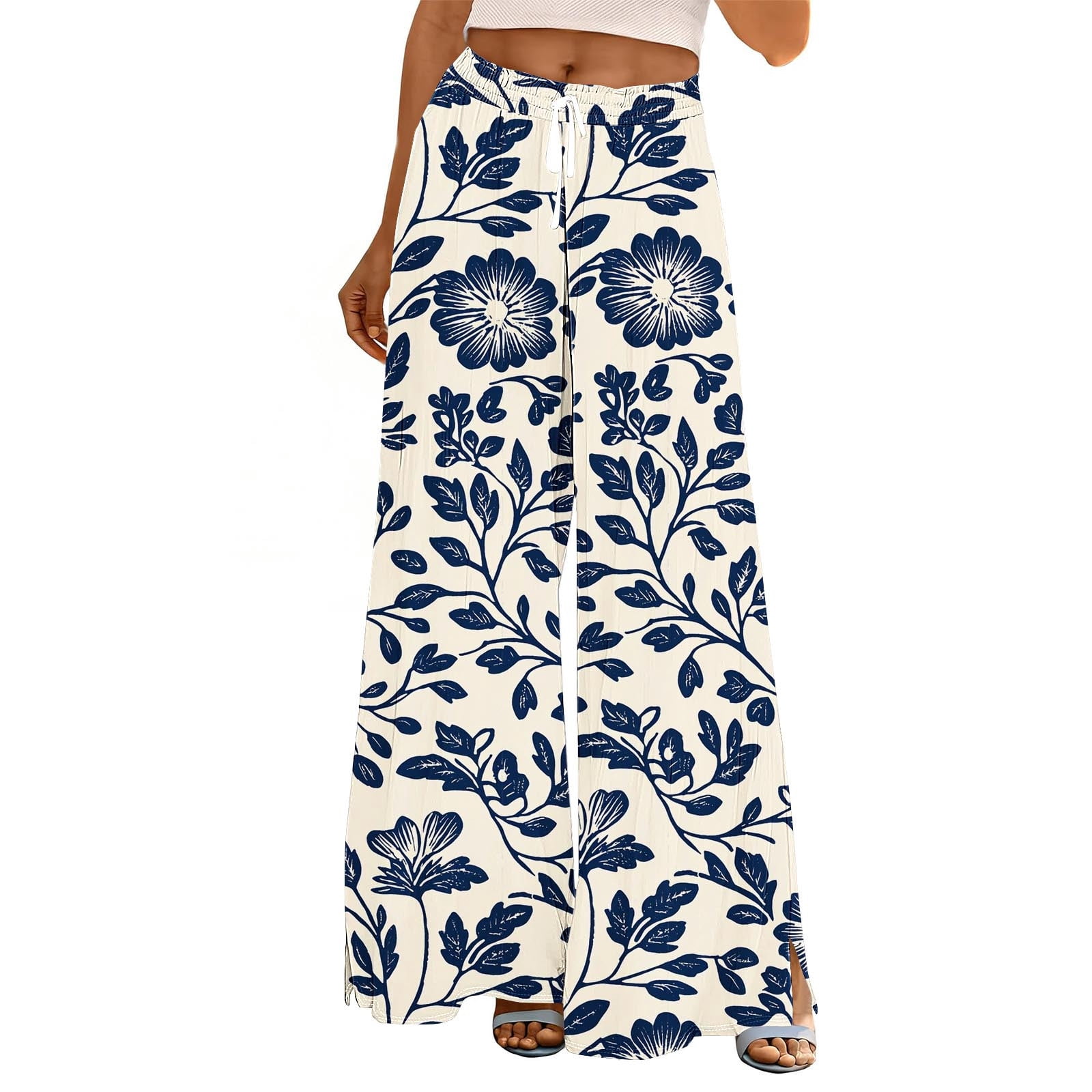 DeHolifer Women Pants Wide Leg Drawstring Elastic Waist Floral Printed ...