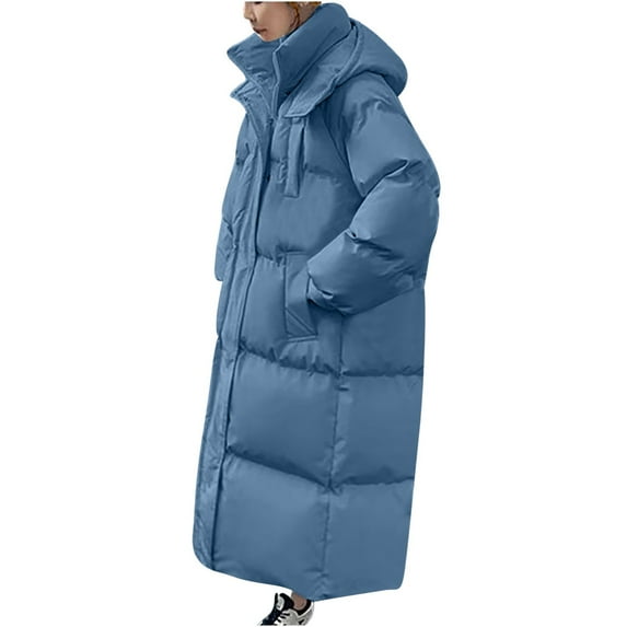 QQAMB Women Puffer Jacket Solid Long Sleeve Oversize Warm Coat Long Hooded Padded Bubble Coat Blue L