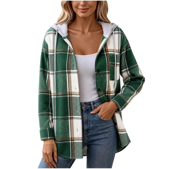 DeHolifer Women Shirt Flannel Hooded Shacket Plaid Jacket Button Oversized Casual Jacket Green L