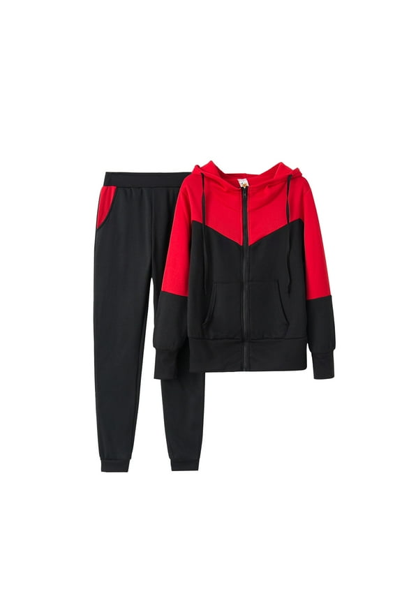 DeHolifer Women Sport Set Casual Solid Hooded Sweatshirt And Pant Tracksuit Sport Suit Red Medium