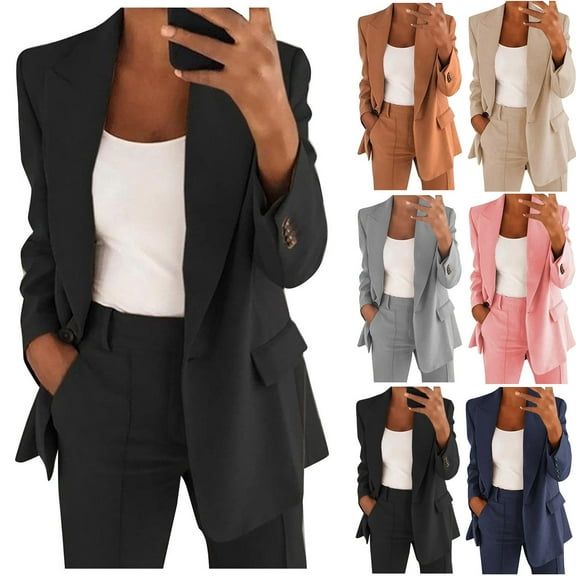 QQAMB Women Suit Casual Solid Open Front Blazer and Pants Outfit Sets, 2 Pieces