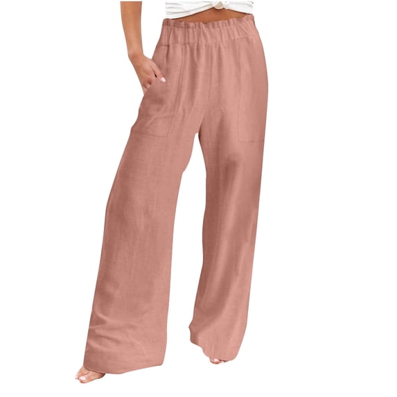 DeHolifer Women Summer High Waisted Cotton Linen Palazzo Pants Wide Leg Long Lounge Pant Trousers with Pocket Pink S