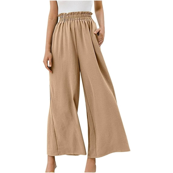 DeHolifer Women Summer High Waisted Cotton Linen Palazzo Pants Women Fashion Elastic Waist Casual Pure Color Straight Leg Cotton High Waisted Length Pants With Pocket Khaki S