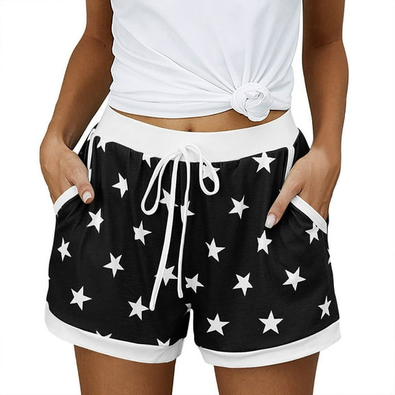 QQAMB Women Summer Shorts Star Printed Drawstring Elastic Waisted Casual Loose Homewear Shorts Black M