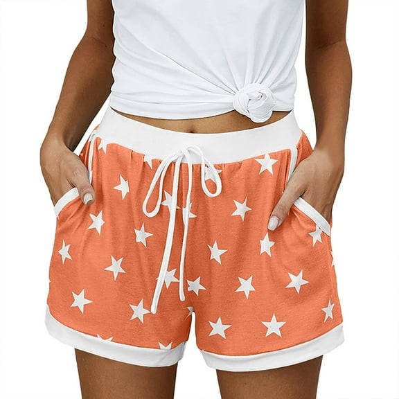 QQAMB Women Summer Shorts Star Printed Drawstring Elastic Waisted Casual Loose Homewear Shorts Orange S