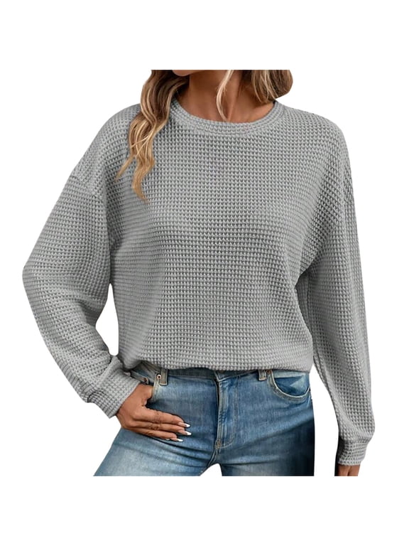 DeHolifer Women Sweaters Waffle Loose Crewneck Solid Color Long Sleeve Knit Sweaters Fall Fashion Blouse Tops Gray S
