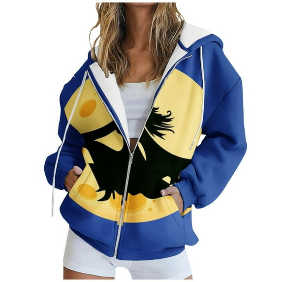 DeHolifer Women Sweatshirt Plus Size Halloween Print Fashion Printed Zipper Blouse Long Sleeve Hoodies Tops Sweatshirt with Pockets Blue XL