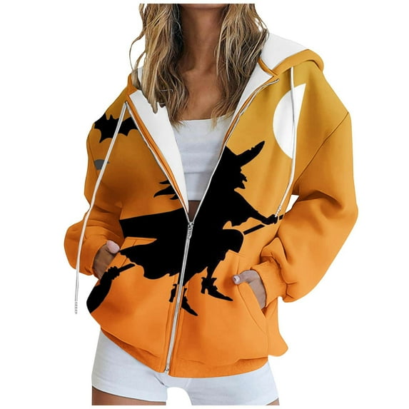 DeHolifer Women Sweatshirt Plus Size Halloween Print Fashion Printed Zipper Blouse Long Sleeve Hoodies Tops Sweatshirt with Pockets Orange 3XL