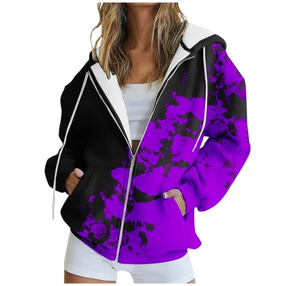 DeHolifer Women Sweatshirt Plus Size Halloween Print Fashion Printed Zipper Blouse Long Sleeve Hoodies Tops Sweatshirt with Pockets Purple M