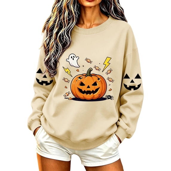 DeHolifer Women Sweatshirts Halloween Cute Printed Crewneck Casual Fall Winter Pullover Tops Beige L