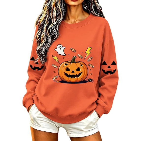 DeHolifer Women Sweatshirts Halloween Cute Printed Crewneck Casual Fall Winter Pullover Tops Orange L