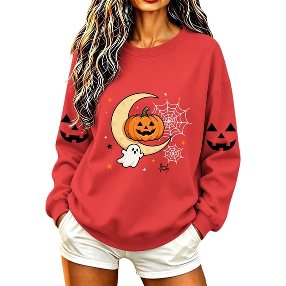 DeHolifer Women Sweatshirts Halloween Cute Printed Crewneck Casual Fall Winter Pullover Tops Red L