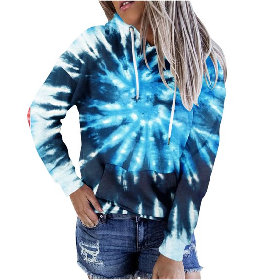 QQAMB Women Sweatshirts Tie Dye Hoodie Gradient Print Sweatshirt Casual Loose Trendy Long Sleeve Drawstring Pullover Blue L