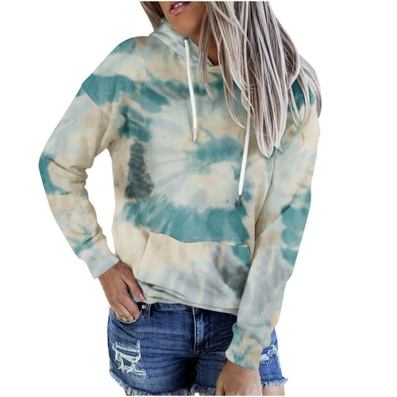 DeHolifer Women Sweatshirts Tie Dye Hoodie Gradient Print Sweatshirt Casual Loose Trendy Long Sleeve Drawstring Pullover Light Blue M