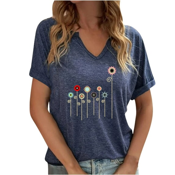 DeHolifer Women T Shirt Short Sleeve V-Neck Dandelion Printed Casual T Shirt Summer Fashion Blouse Tops Blue 3XL