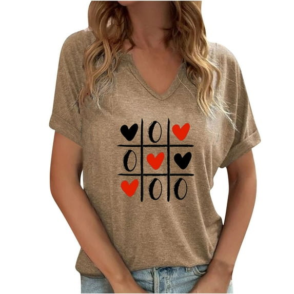 DeHolifer Women T Shirt Short Sleeve V-Neck Dandelion Printed Casual T Shirt Summer Fashion Blouse Tops Khaki L