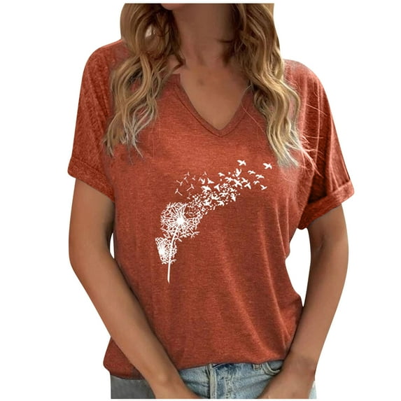 DeHolifer Women T Shirt Short Sleeve V-Neck Dandelion Printed Casual T Shirt Summer Fashion Blouse Tops Orange M