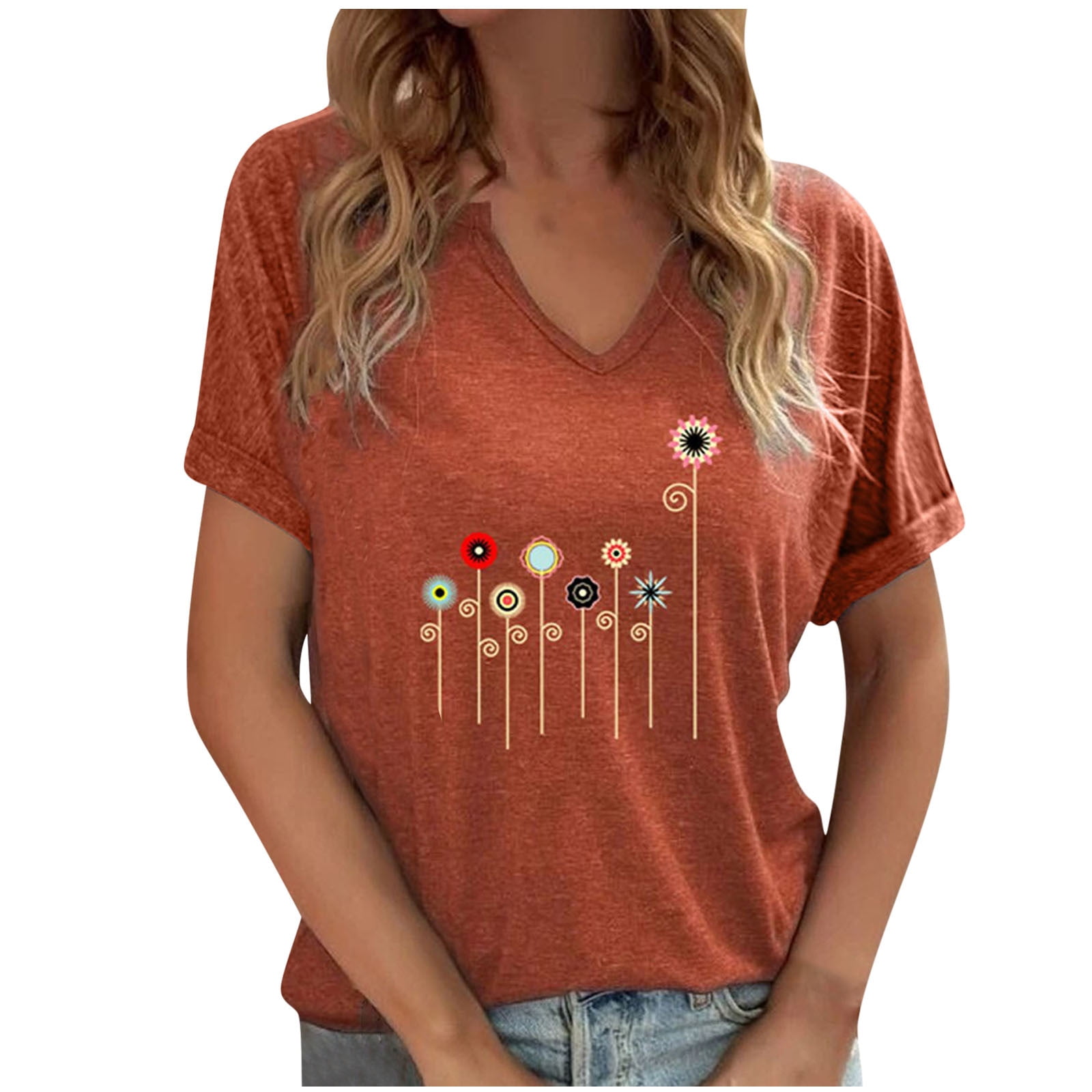 DeHolifer Women T Shirt Short Sleeve V-Neck Dandelion Printed Casual T ...