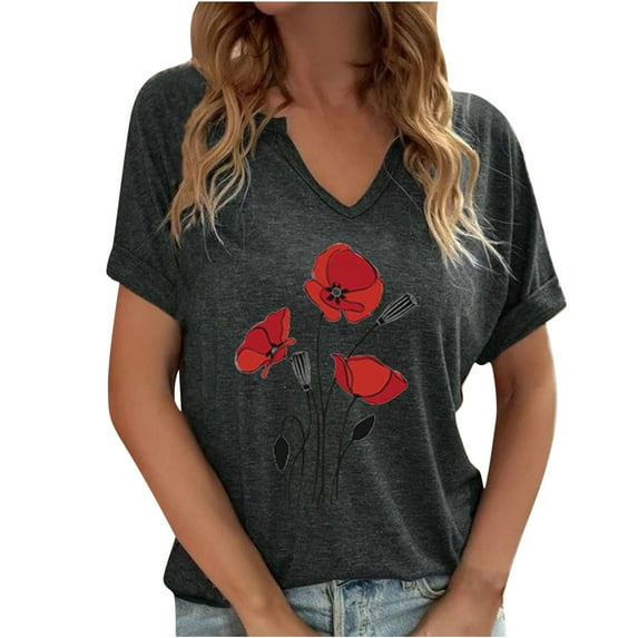 DeHolifer Women T Shirt Short Sleeve V-Neck Flower Printed Casual T Shirt Summer Fashion Blouse Tops Black L