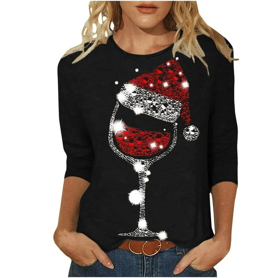 DeHolifer Women T-Shirts Red Wine Glass 3/4 Sleeve Christmas Pullover Xmas Santa Hat Graphic Blouse T-Shirts Tops Black M