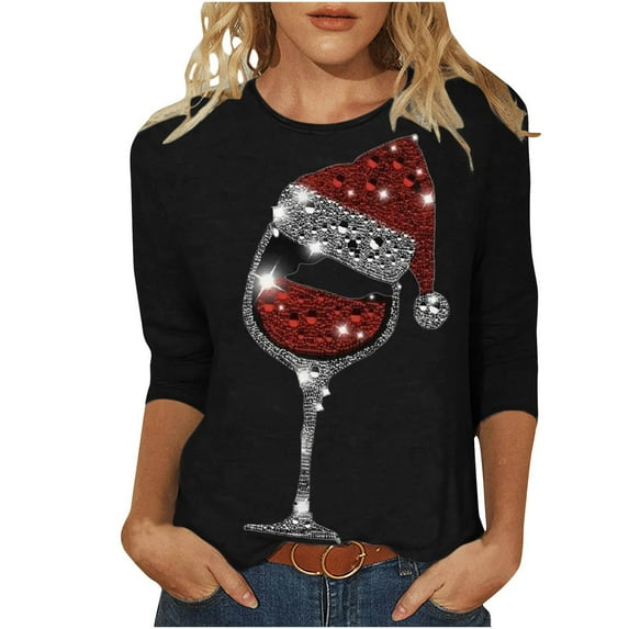 DeHolifer Women T-Shirts Red Wine Glass 3/4 Sleeve Christmas Pullover Xmas Santa Hat Graphic Blouse T-Shirts Tops Black M